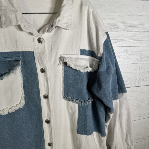 Miss Me Oversized Denim Shirt Jacket Blue White Colorblock Chest Pockets - Picture 4 of 5